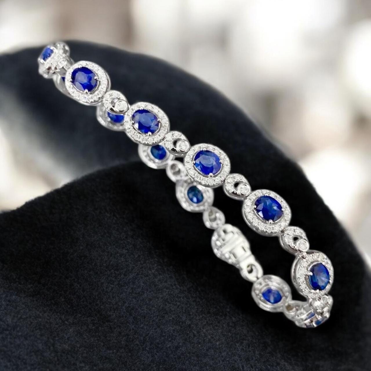 Blue Sapphire & Moissanite Halo Bracelet: 925 Sterling Silver