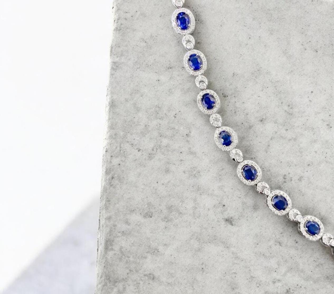 Blue Sapphire & Moissanite Halo Bracelet: 925 Sterling Silver
