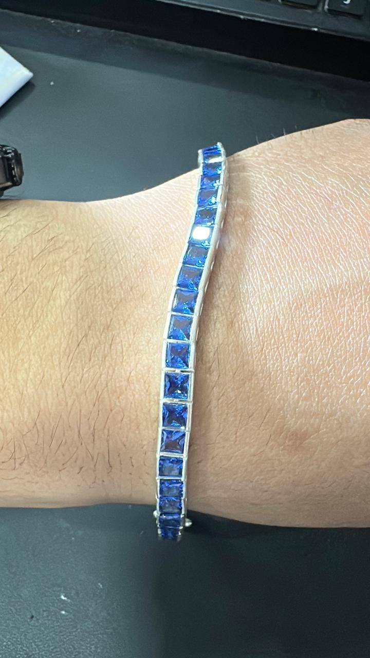 Blue Sapphire Tennis Bracelet – 925 Sterling Silver, Princess Cut Gemstone Jewelry
