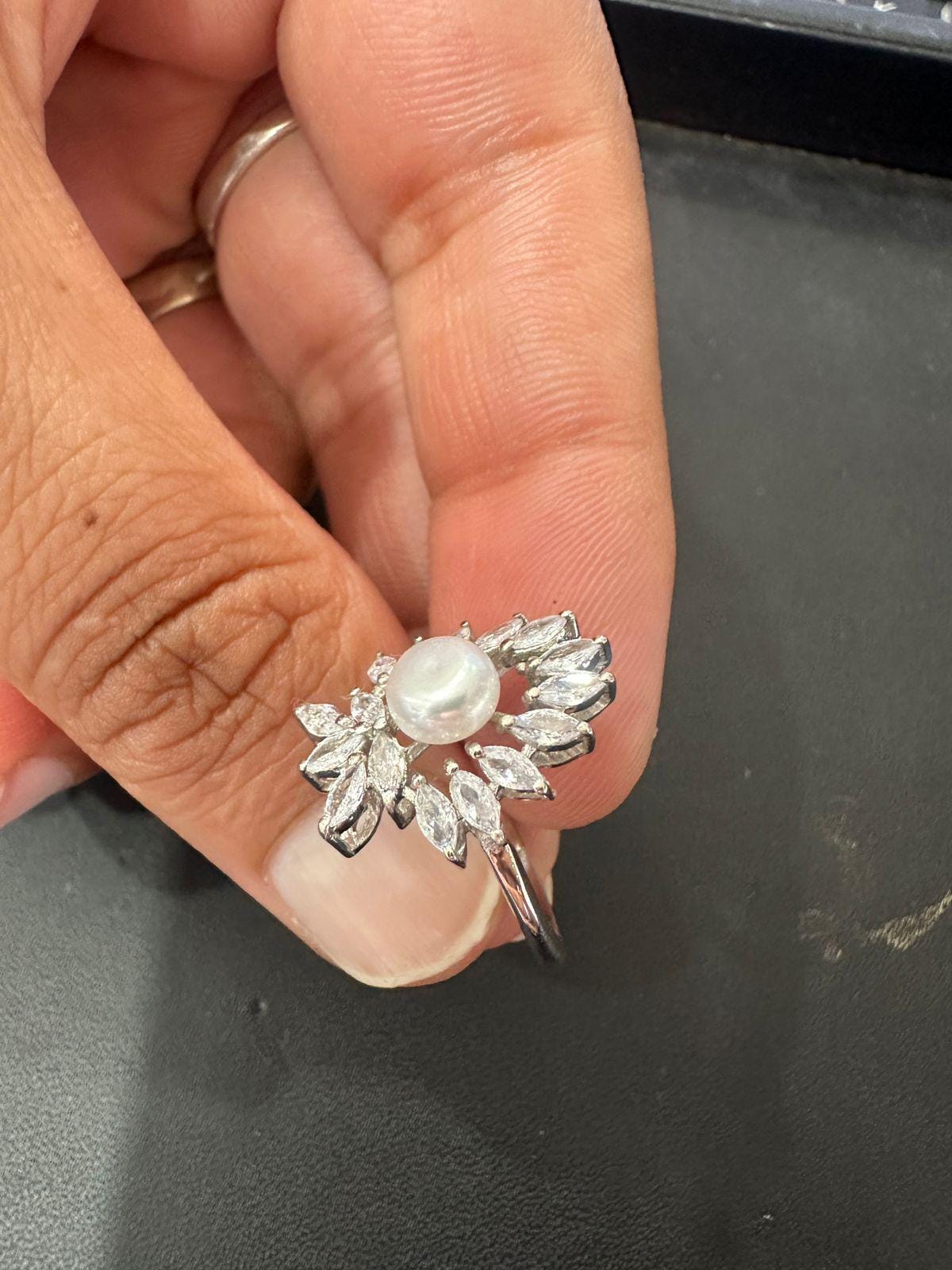 Pearl Moissanite Sunburst Ring: 925 Sterling Silver Cocktail Jewelry