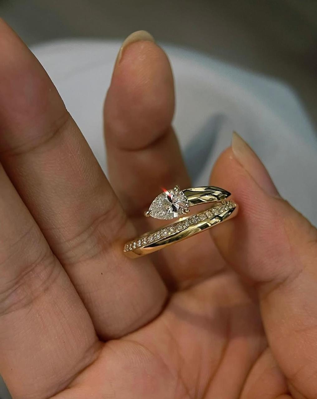 Pear Moissanite Engagement Ring: 14K Gold Vermeil Sterling Silver Bypass Design