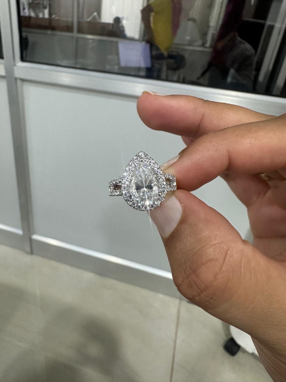 Pear Moissanite Halo Engagement Ring | 14K White Gold, 925 Sterling Silver