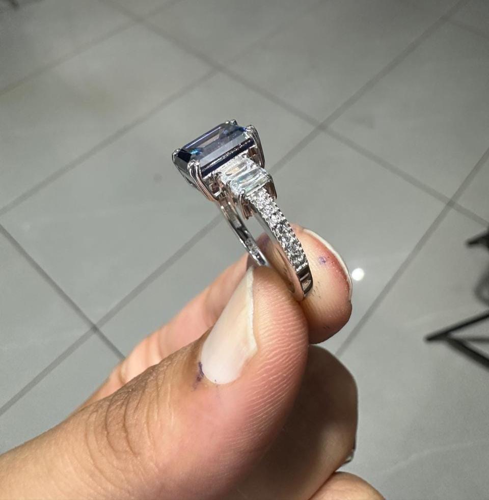 3 CT Emerald Cut Blue Moissanite Engagement Ring, 14K White Gold Anniversary Ring