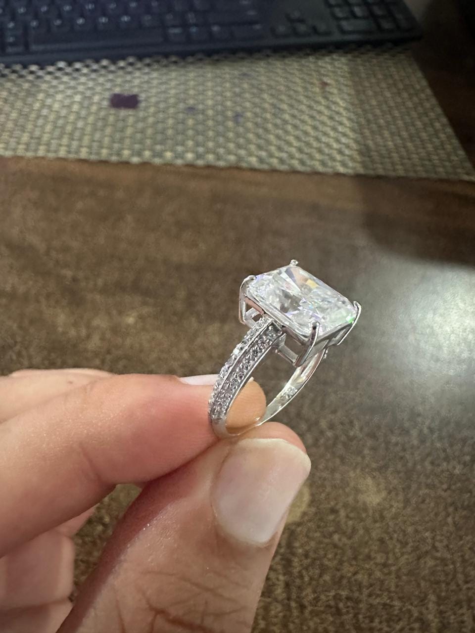 Radiant Cut Moissanite Engagement Ring, Double Pavé Band Ring, Anniversary Gift for Her