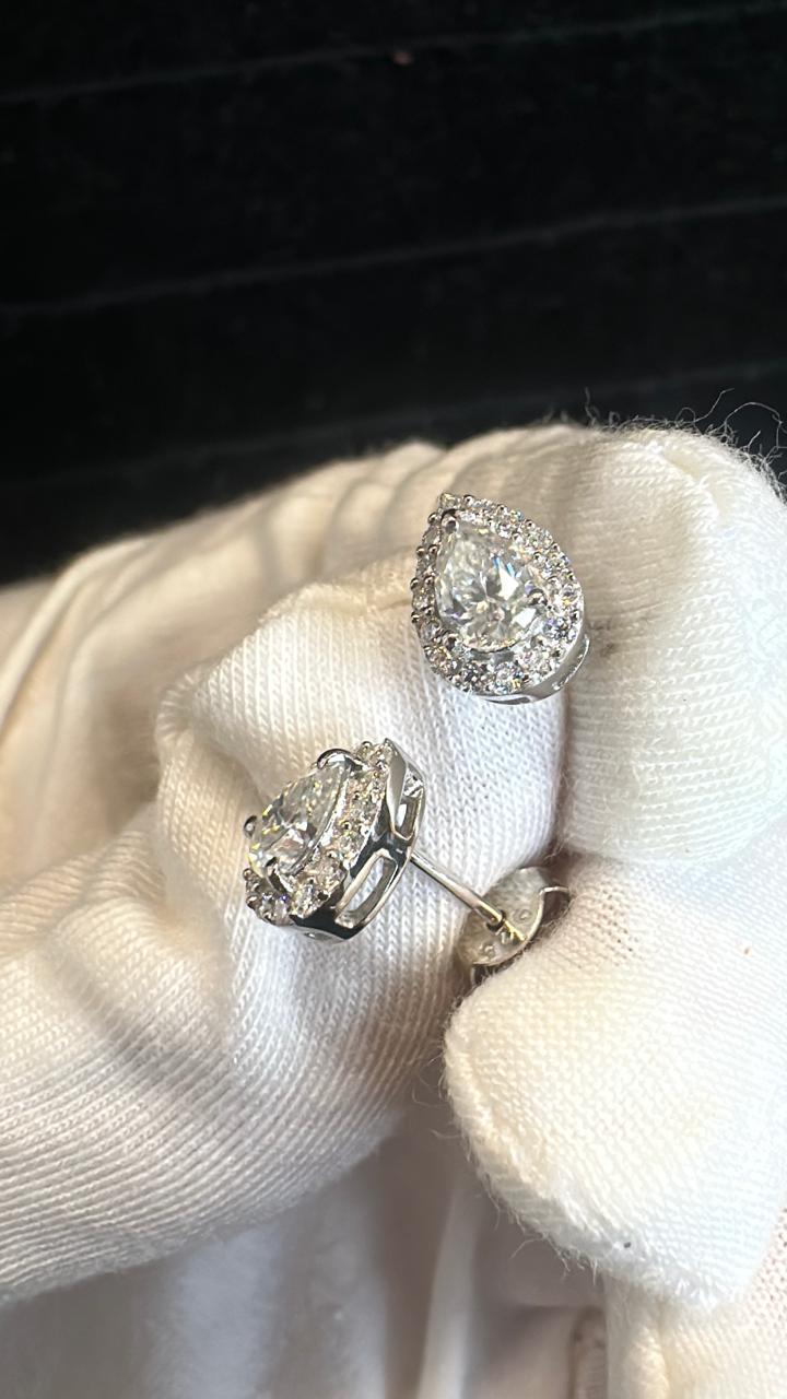 Pear Moissanite Halo Stud Earrings | 925 Sterling Silver, Platinum Finish