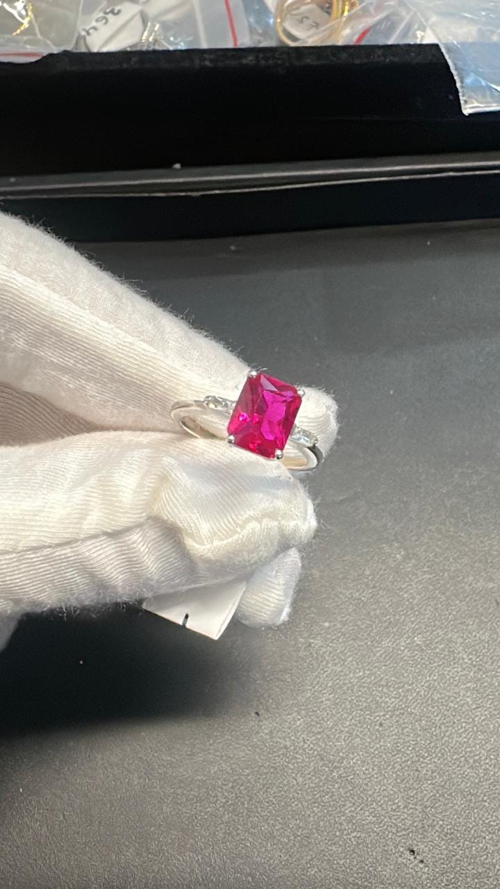 2.5 CT Emerald Cut Ruby Engagement Ring, Three Stone Moissanite, 14K White Gold Ring