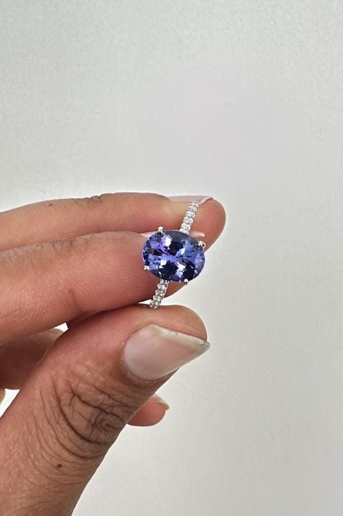 3CT Oval Tanzanite Engagement Ring, Solid 14k Gold, First Anniversary Gift for her