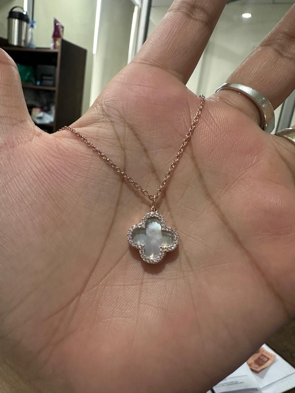Moissanite Clover Pendant Necklace for women | Rose Gold, Mother of Pearl