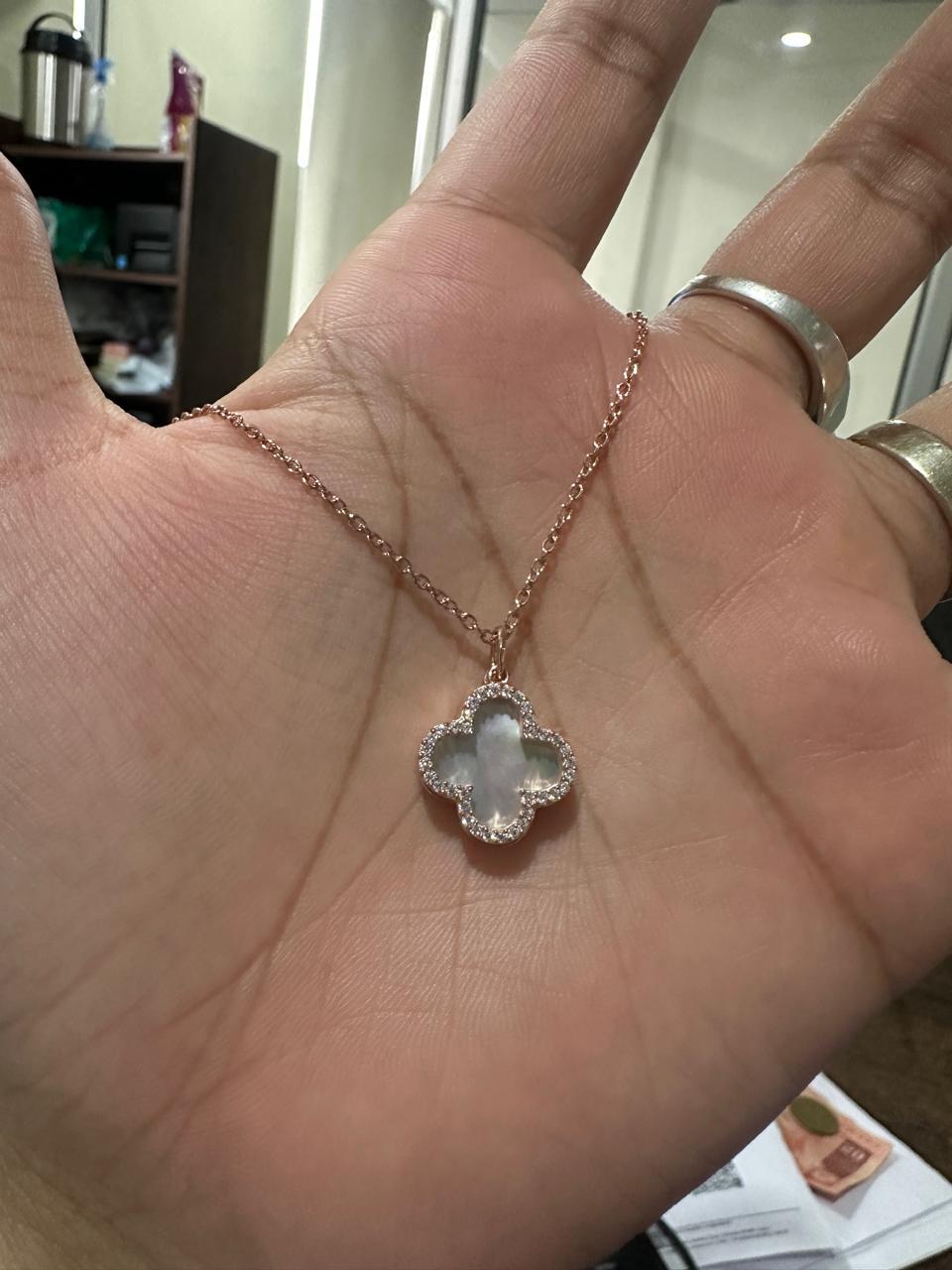 Moissanite Clover Pendant Necklace for women | Rose Gold, Mother of Pearl
