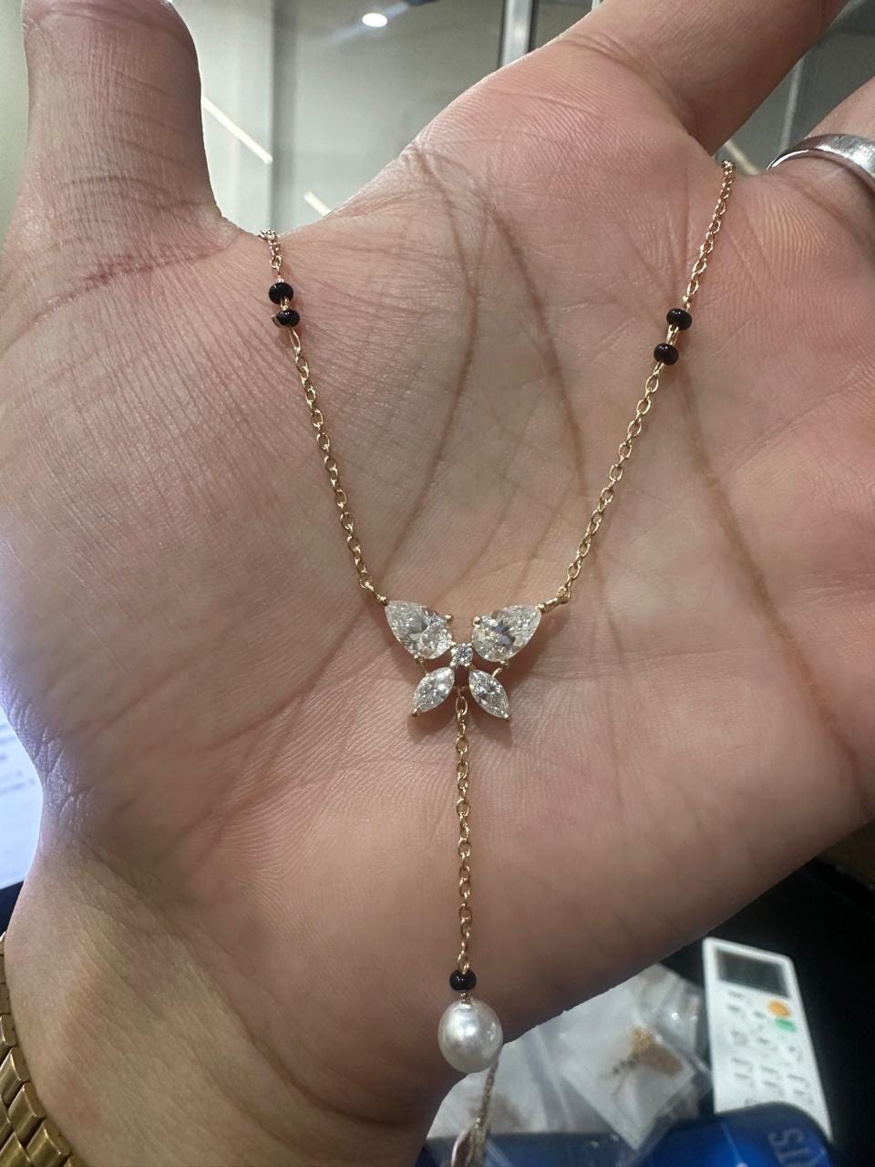 Butterfly Moissanite & Pearl Mangalsutra Pendant: 14K Gold Vermeil Indian Necklace