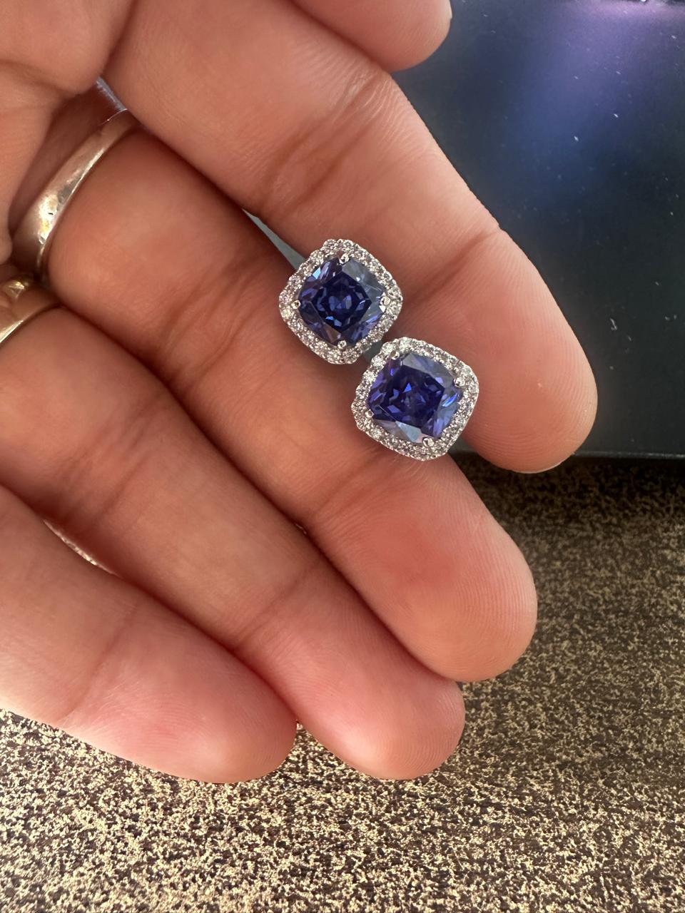 Lab Sapphire Cushion Cut Halo Stud Earrings: 14K White Gold, Moissanite Accents