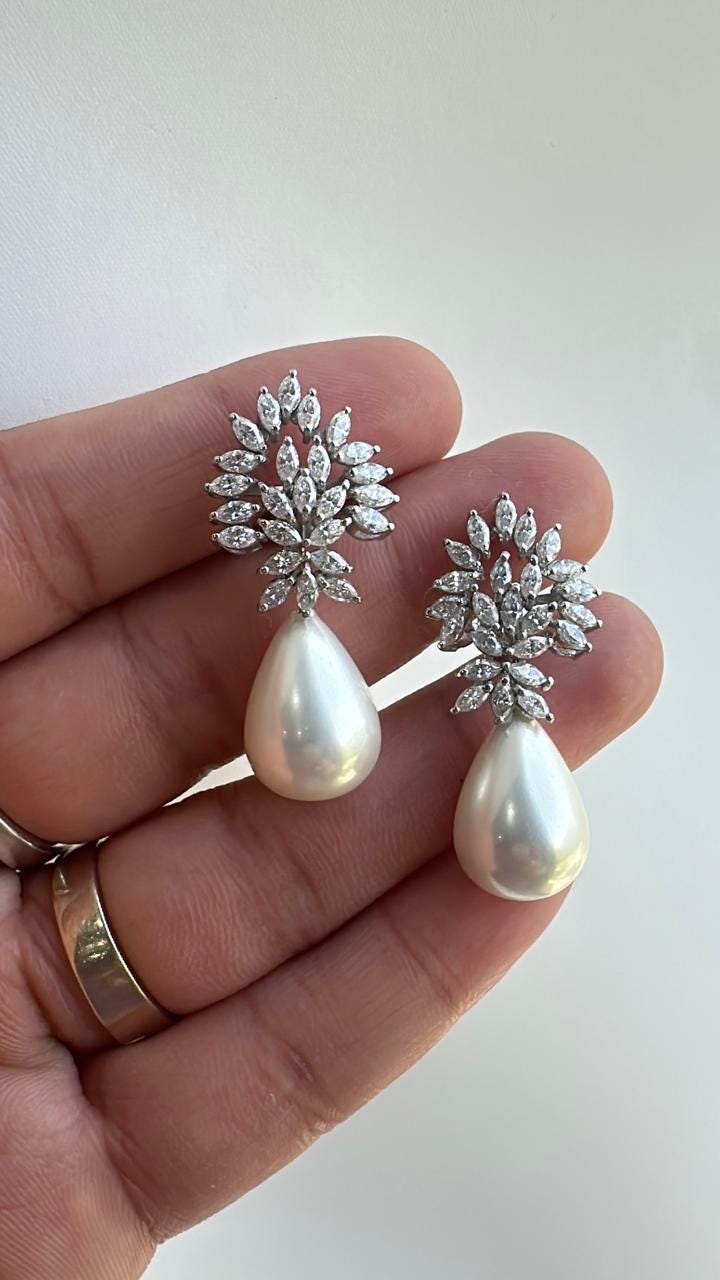 Moissanite & Pearl Drop Earrings for women: 925 Silver Platinum Finish Jewelry for Gift