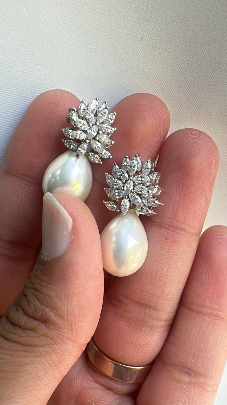 Moissanite & Pearl Drop Earrings for women: Vintage Bridal Jewelry, 925 Sterling Silver