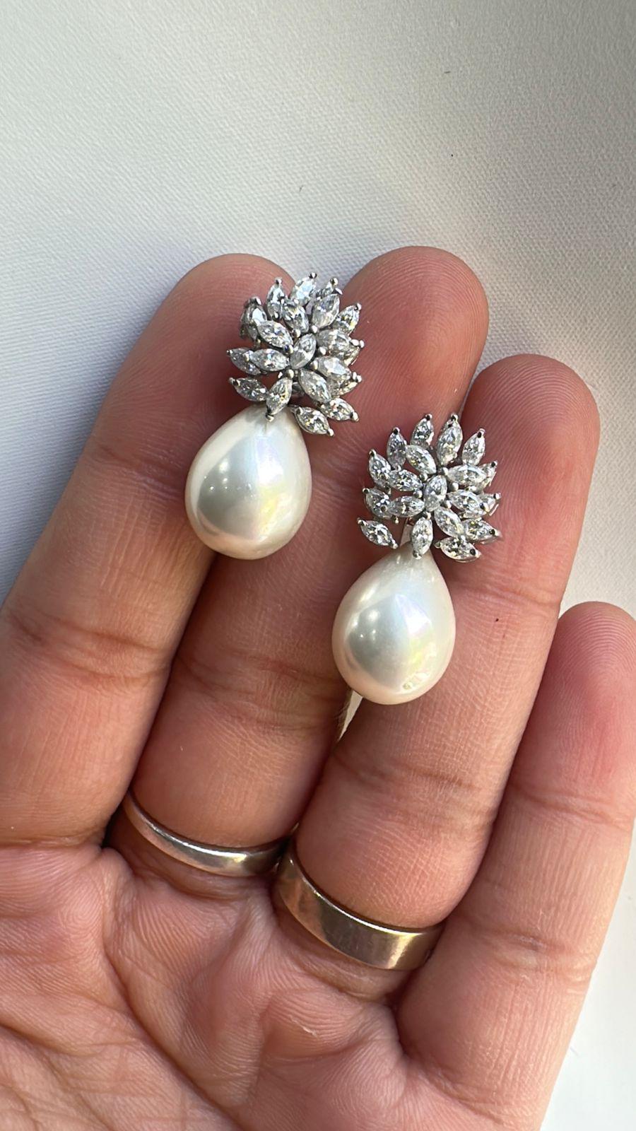 Moissanite & Pearl Drop Earrings for women: Vintage Bridal Jewelry, 925 Sterling Silver