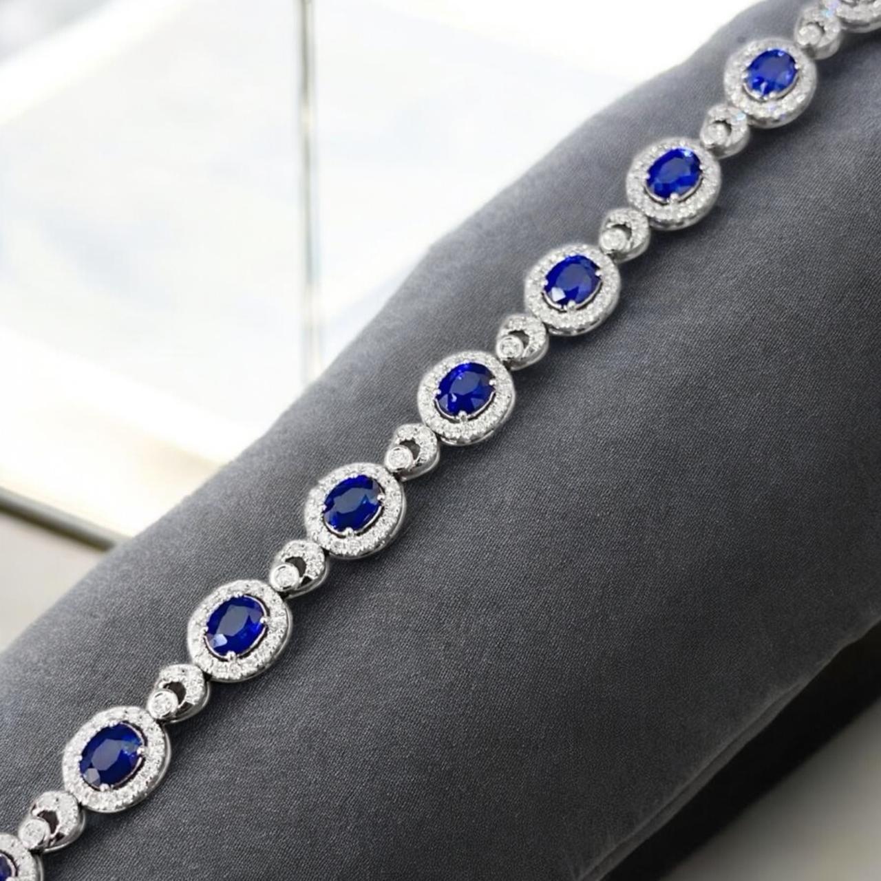 Blue Sapphire & Moissanite Halo Bracelet: 925 Sterling Silver