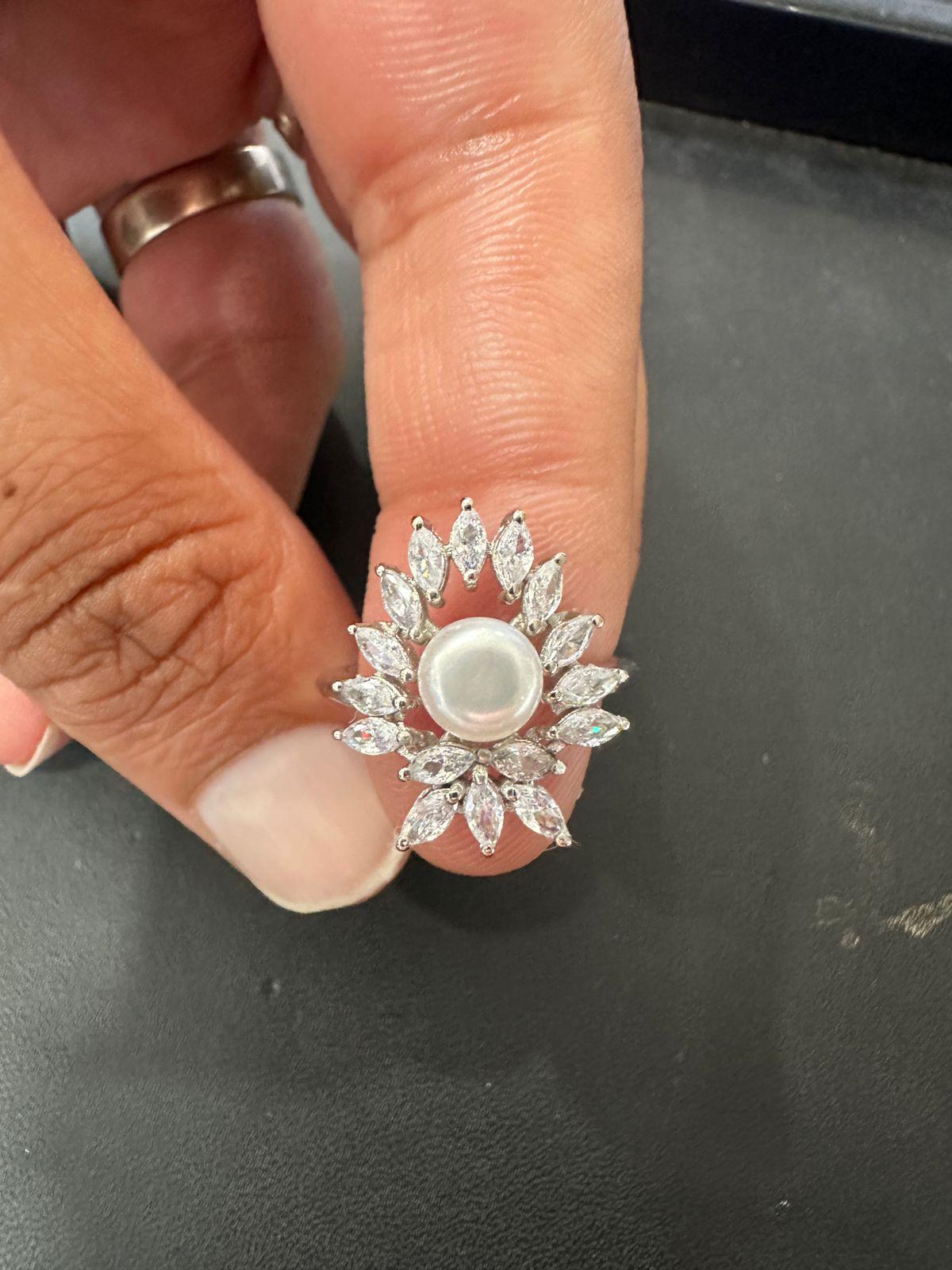 Pearl Moissanite Sunburst Ring: 925 Sterling Silver Cocktail Jewelry