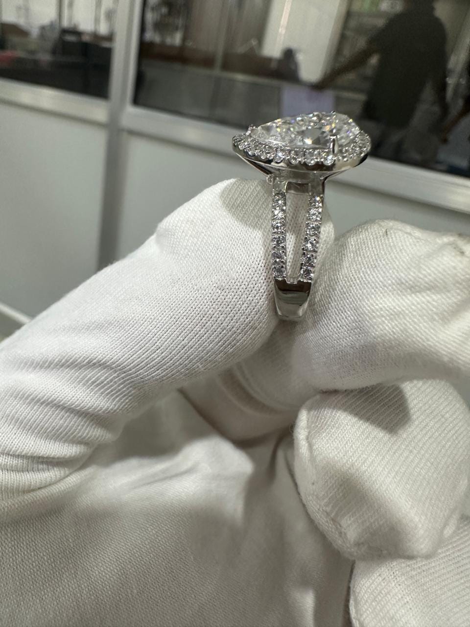 Pear Cut Moissanite Halo Split Band Engagement Ring in 14K White Gold Finish, Pear Shaped Bridal Ring, Luxury Promise Ring Gift for Her