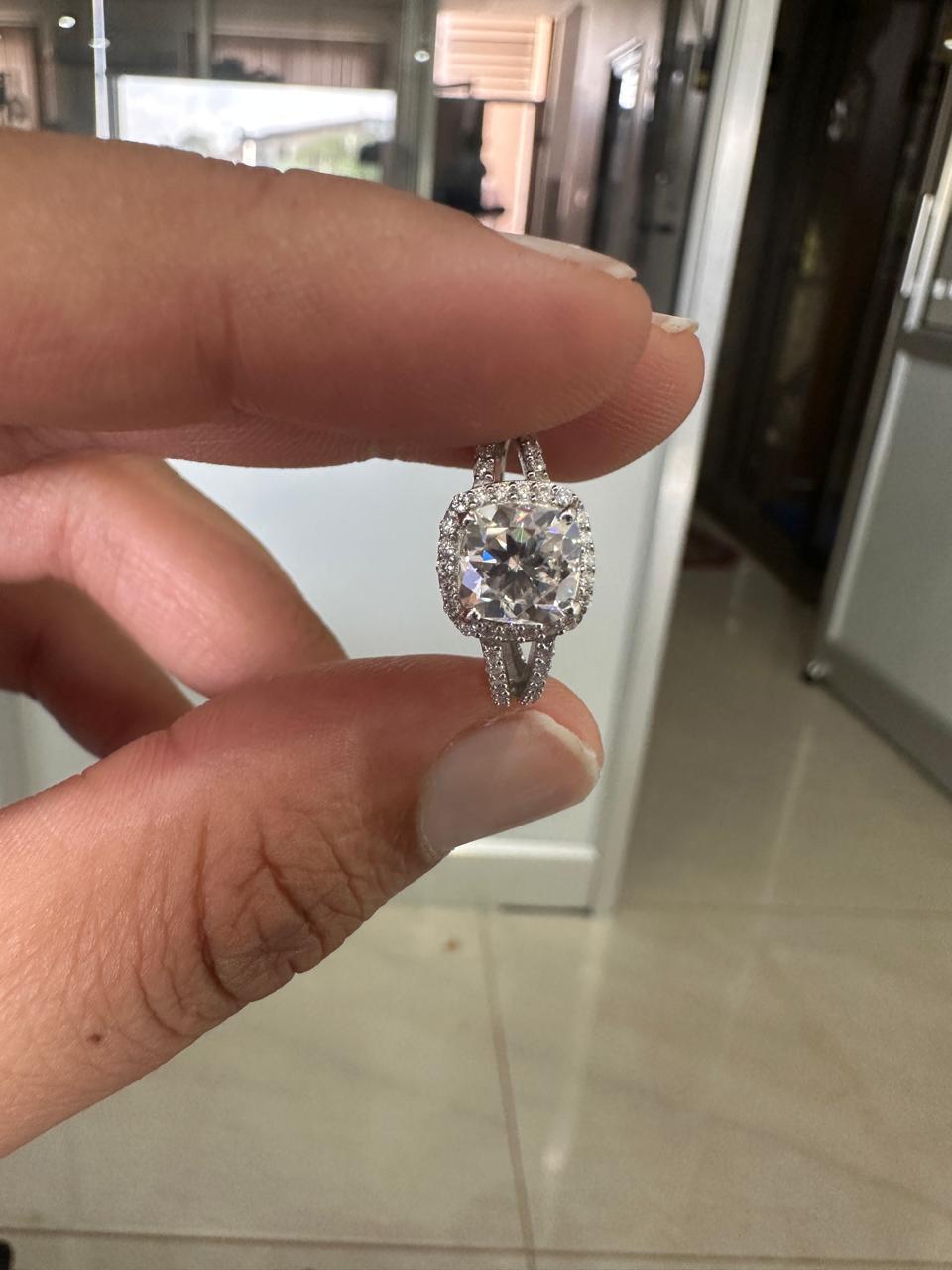 Cushion Moissanite Halo Engagement Ring – 925 Sterling Silver, 14k White Gold Finish