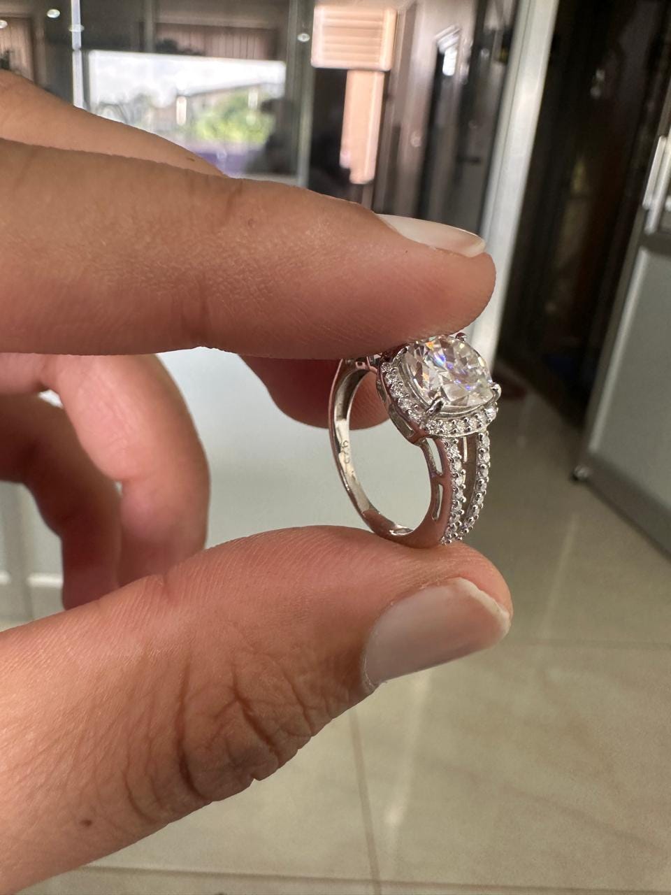 Cushion Moissanite Halo Engagement Ring – 925 Sterling Silver, 14k White Gold Finish