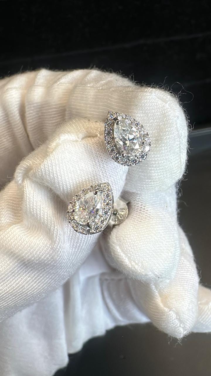 Pear Moissanite Halo Stud Earrings | 925 Sterling Silver, Platinum Finish