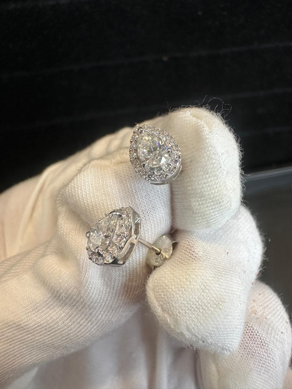 Pear Moissanite Halo Stud Earrings | 925 Sterling Silver, Platinum Finish