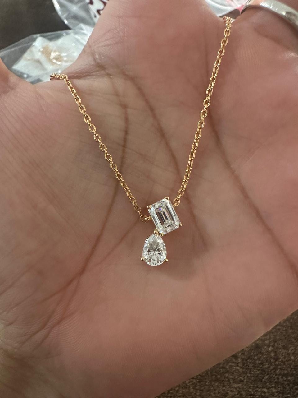 Emerald Pear Moissanite Pendant: 14K Gold Vermeil, 925 Sterling Silver Necklace