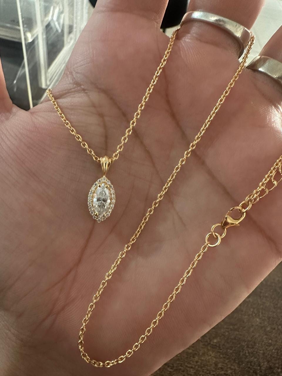 14K Gold Marquise Moissanite Halo Pendant Necklace - 1.75 Ct
