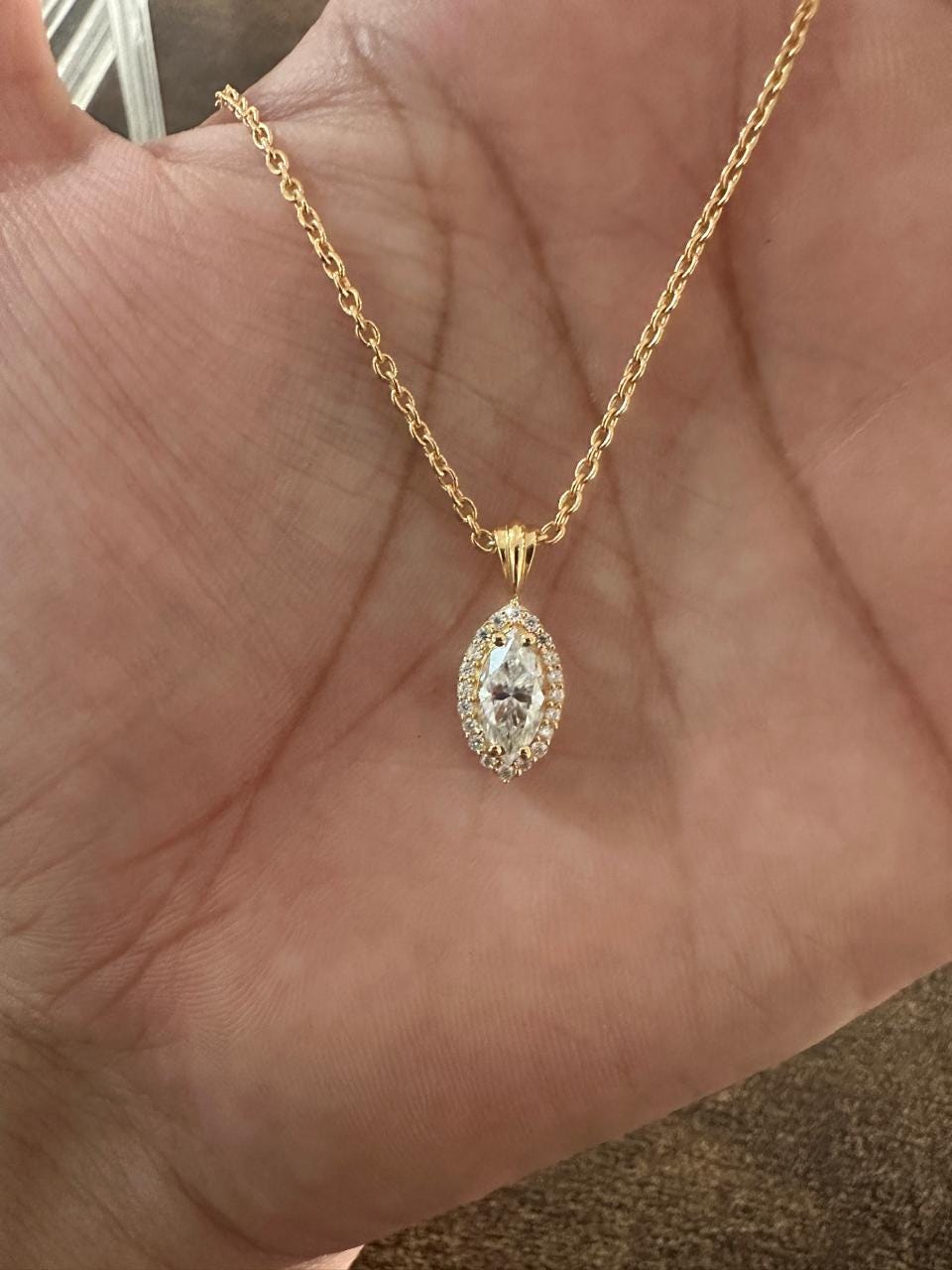 Marquise Moissanite Halo Pendant Necklace | 1.5 CT 14K Yellow Gold, Luxury Gift for Her