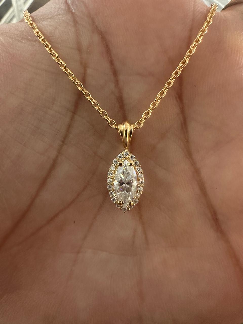 14K Gold Marquise Moissanite Halo Pendant Necklace - 1.75 Ct