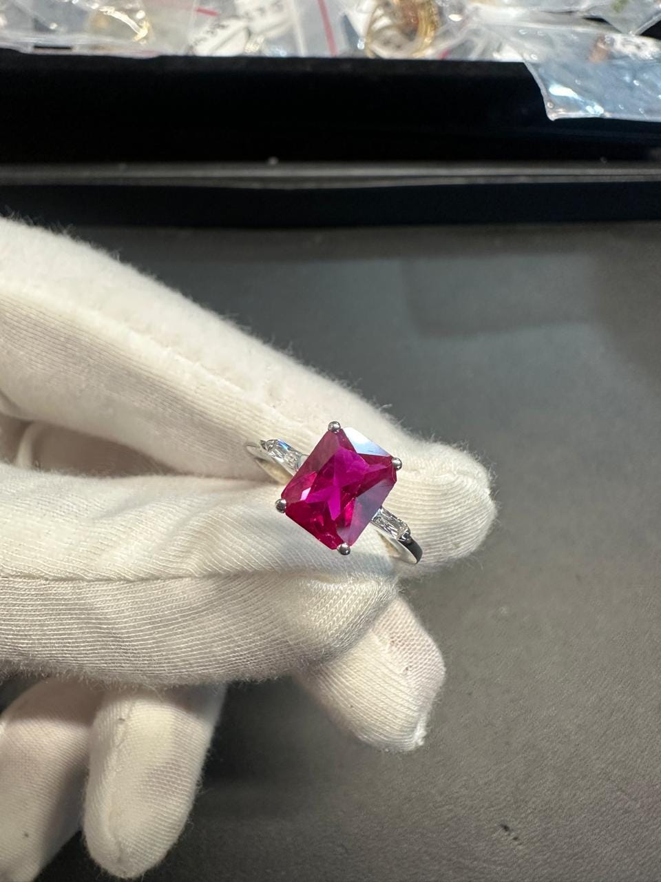 2.5 CT Emerald Cut Ruby Engagement Ring, Three Stone Moissanite, 14K White Gold Ring