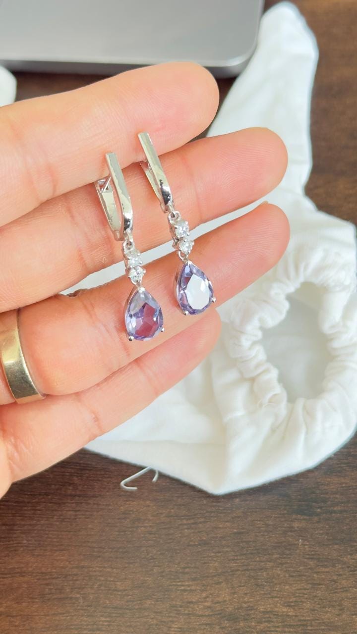 Amethyst Teardrop Dangle Earrings | Moissanite, Sterling Silver