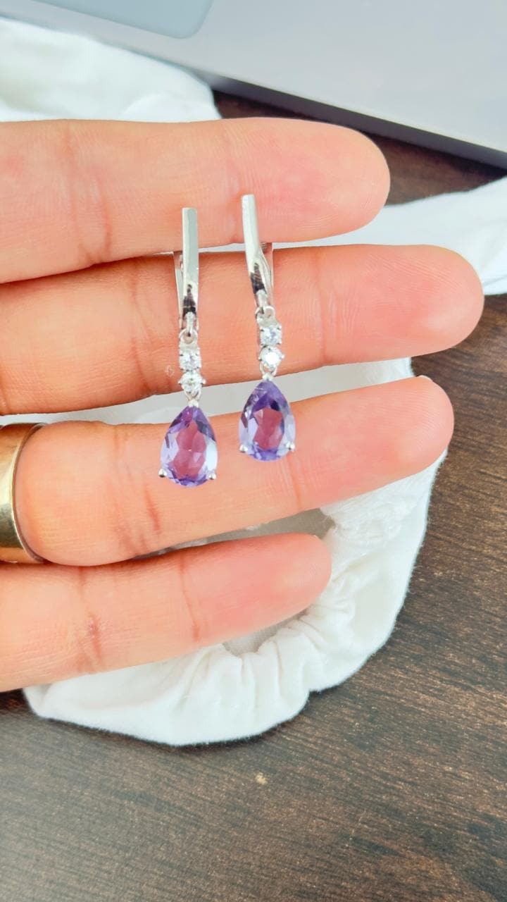 Amethyst Teardrop Dangle Earrings | Moissanite, Sterling Silver