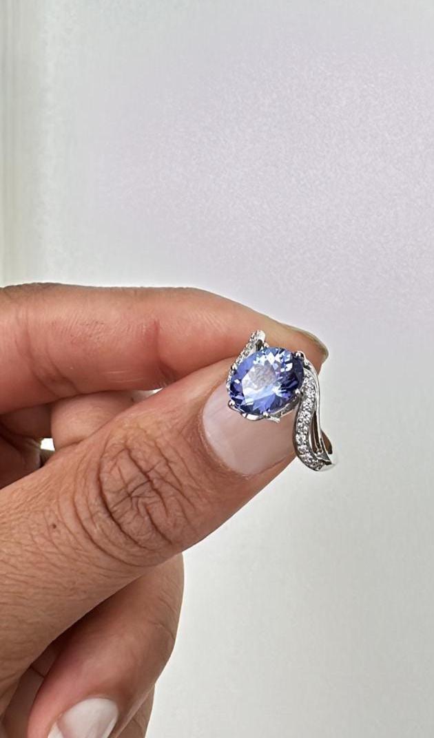 Natural Tanzanite Ring, 14k White Gold, Unique Engagement Ring for her
