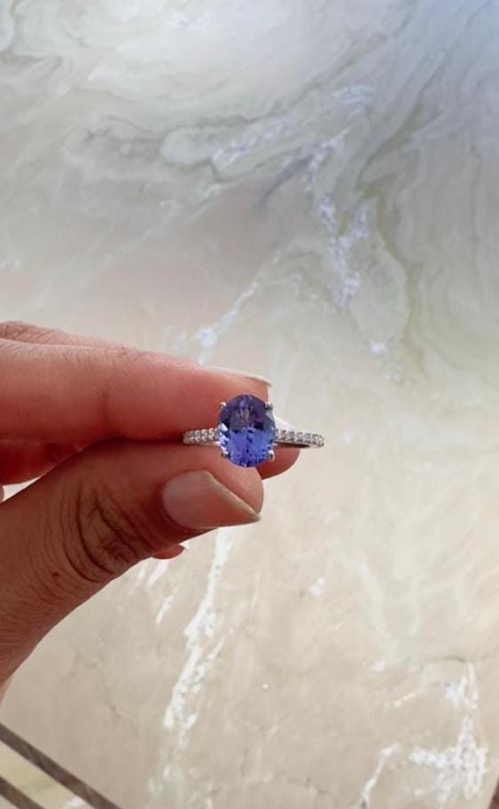 3CT Oval Tanzanite Engagement Ring, Solid 14k Gold, First Anniversary Gift for her