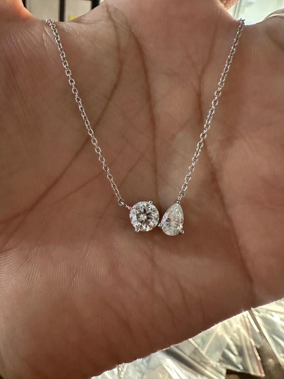 Toi et Moi Moissanite Necklace: Round Pear Solitaire for her, Sterling Silver Pendant