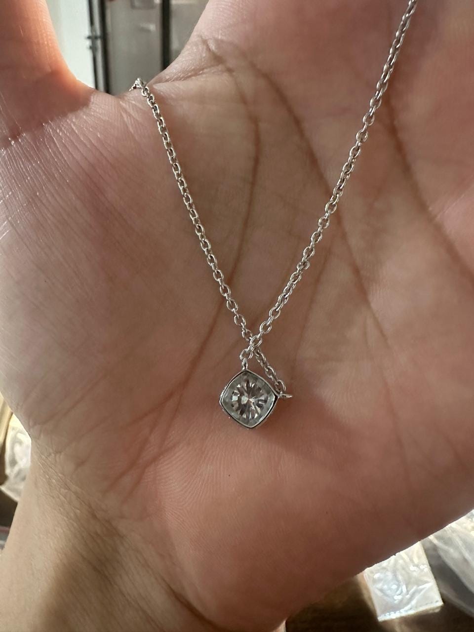 Moissanite Cushion Bezel Set Pendant Necklace: 14K Gold Vermeil, Romantic Jewelry