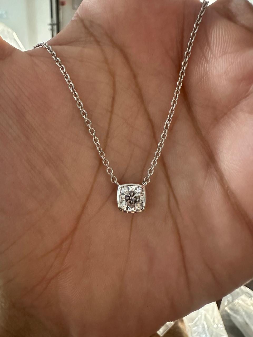 Moissanite Cushion Bezel Set Pendant Necklace: 14K Gold Vermeil, Romantic Jewelry