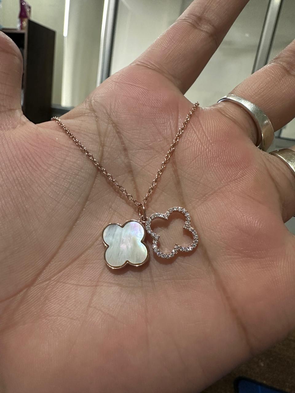 Moissanite Clover Pendant Necklace for women | Rose Gold, Mother of Pearl