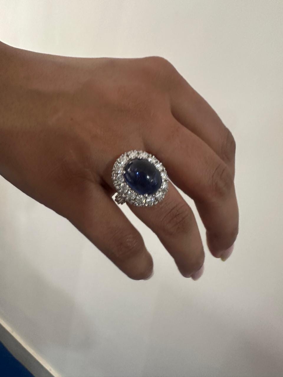 Lab-Grown Royal Blue Sapphire Halo Ring: 14K White Gold Statement Cocktail Ring