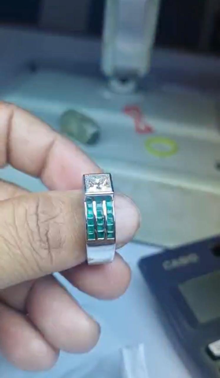 Men's Lab Diamond & Emerald Ring: 14K White Gold Anniversary Band