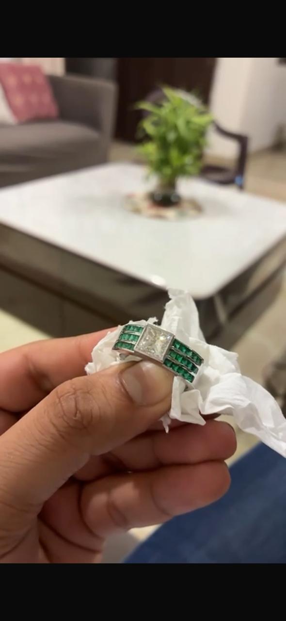 Men's Lab Diamond & Emerald Ring: 14K White Gold Anniversary Band
