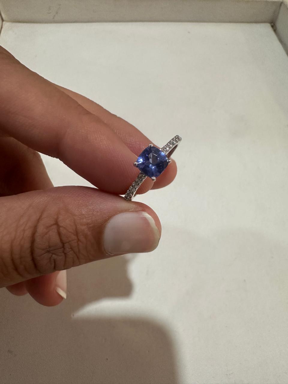 1 CT Cushion Tanzanite Moissanite Ring | 14K White Gold Minimal Engagement Ring