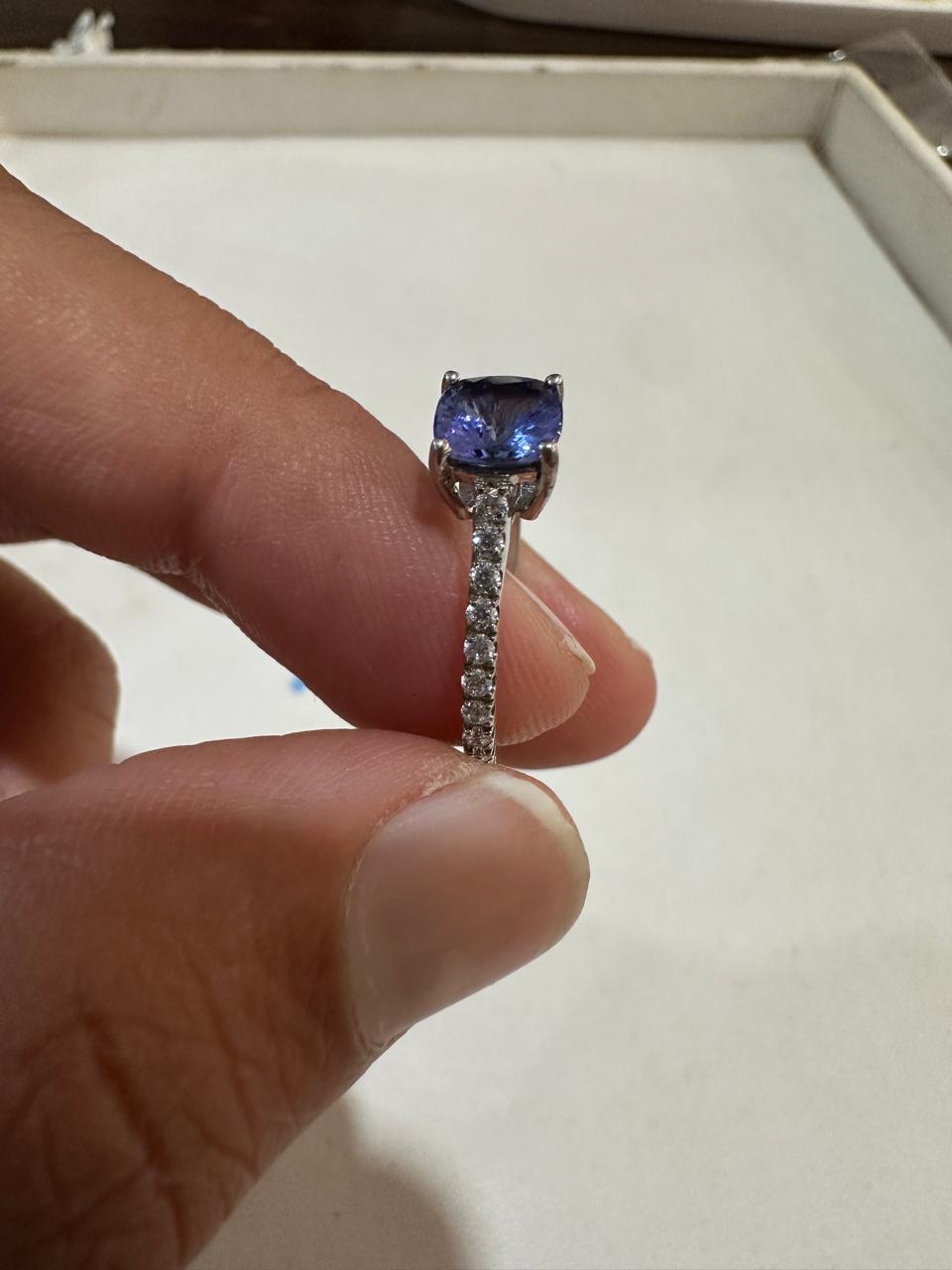 1 CT Cushion Tanzanite Moissanite Ring | 14K White Gold Minimal Engagement Ring