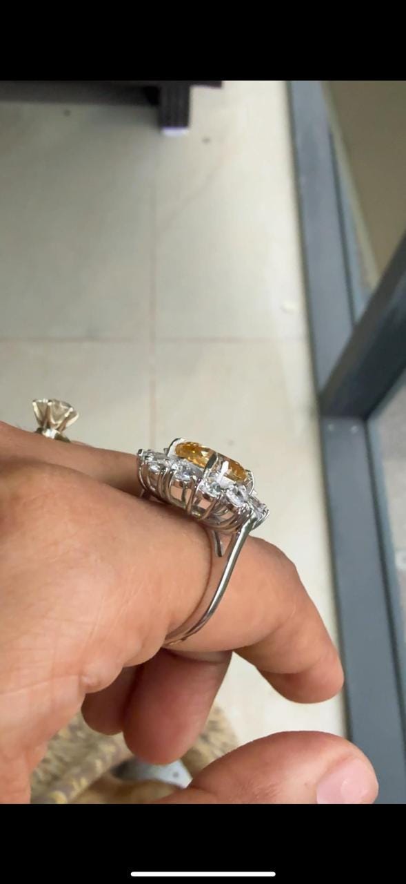 Yellow Cushion Moissanite Cocktail Ring: Platinum Finish, Sterling Silver