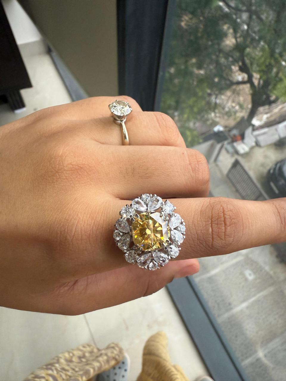 Yellow Cushion Moissanite Cocktail Ring: Platinum Finish, Sterling Silver
