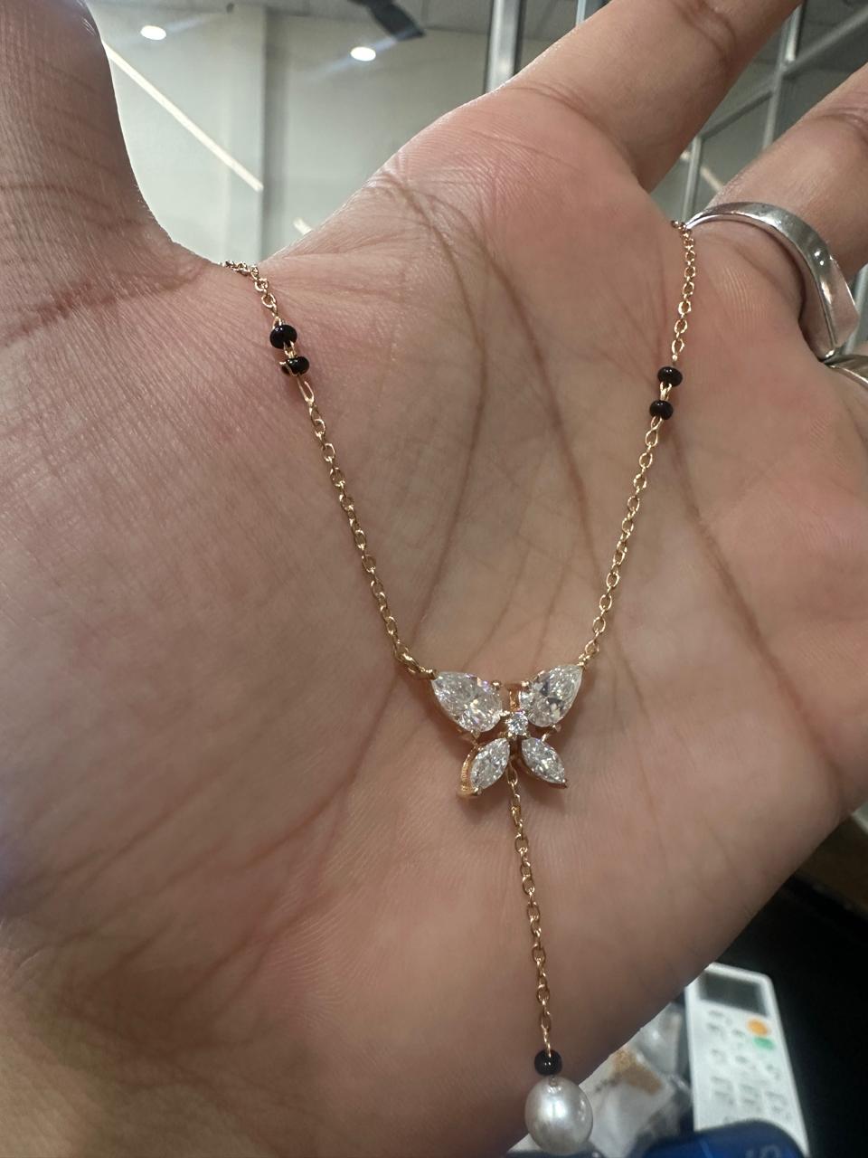 Butterfly Moissanite & Pearl Mangalsutra Pendant: 14K Gold Vermeil Indian Necklace