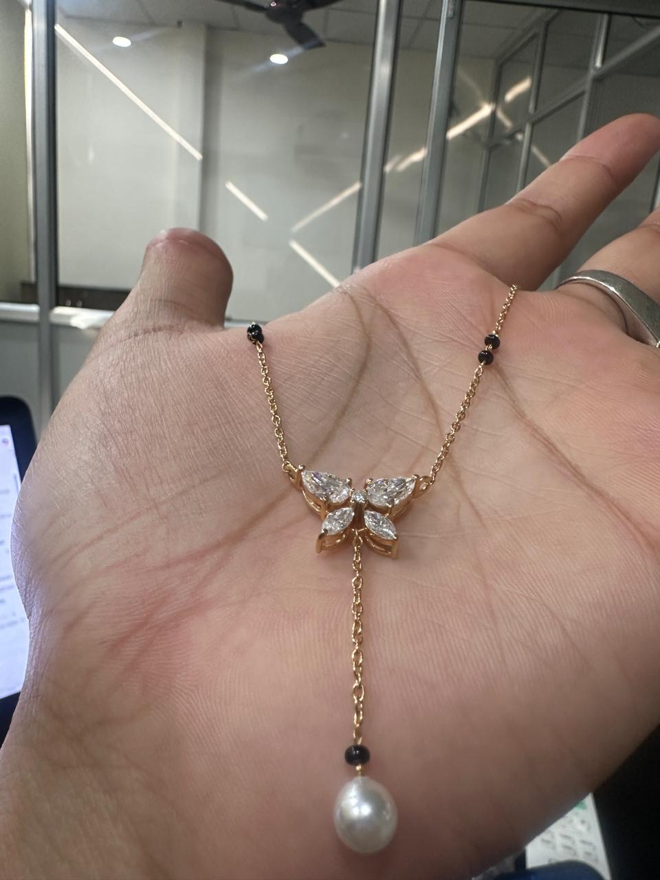 Butterfly Moissanite & Pearl Mangalsutra Pendant: 14K Gold Vermeil Indian Necklace