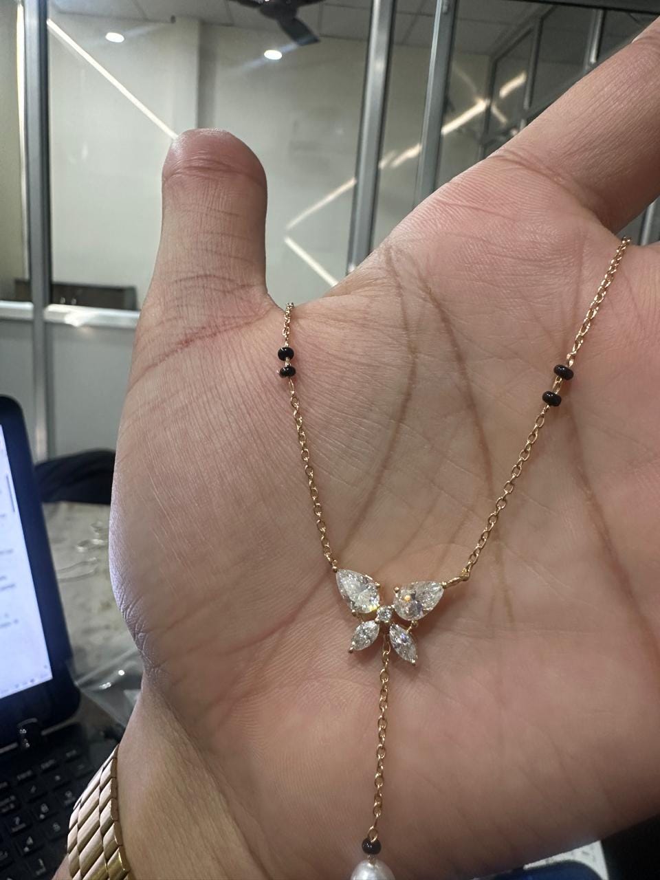 Butterfly Moissanite & Pearl Mangalsutra Pendant: 14K Gold Vermeil Indian Necklace