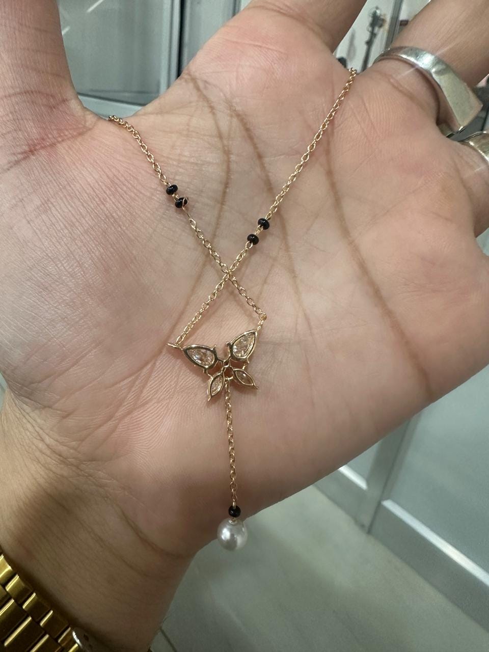 Butterfly Moissanite & Pearl Mangalsutra Pendant: 14K Gold Vermeil Indian Necklace