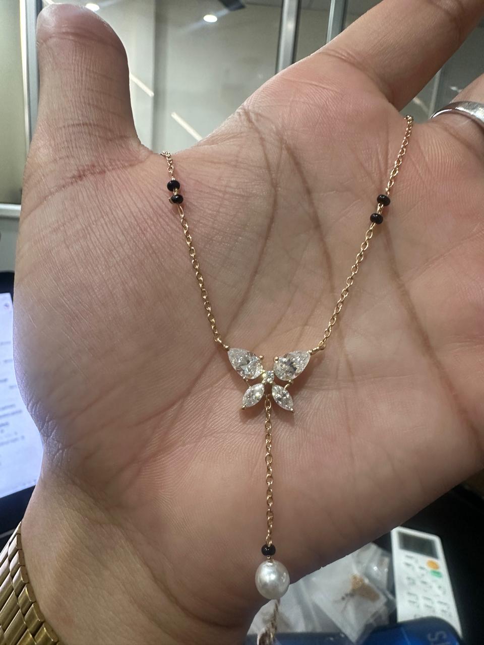 Butterfly Moissanite & Pearl Mangalsutra Pendant: 14K Gold Vermeil Indian Necklace
